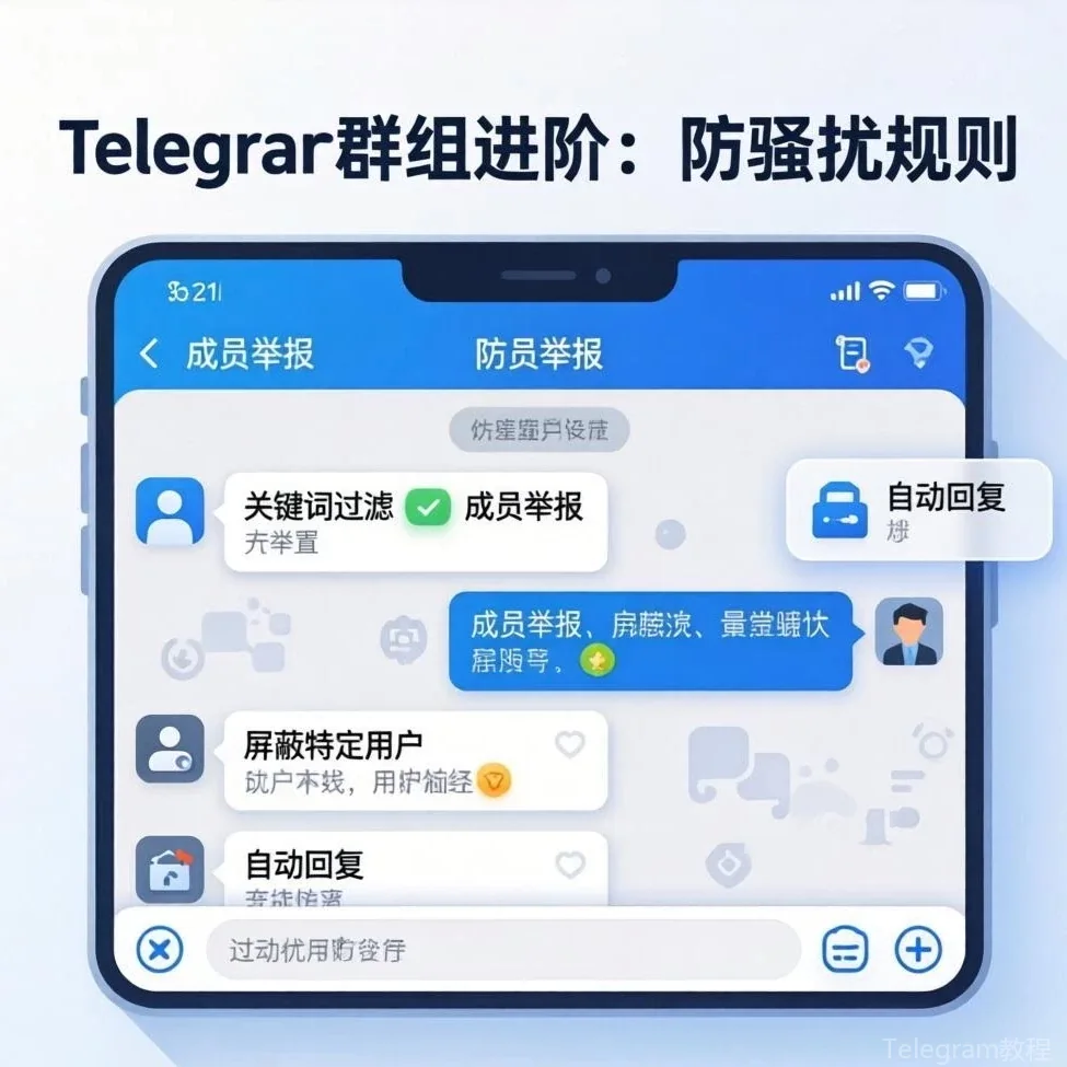 Telegram隐私安全教程配图 - 防骚扰指南：屏蔽、拉黑与举报的正确操作